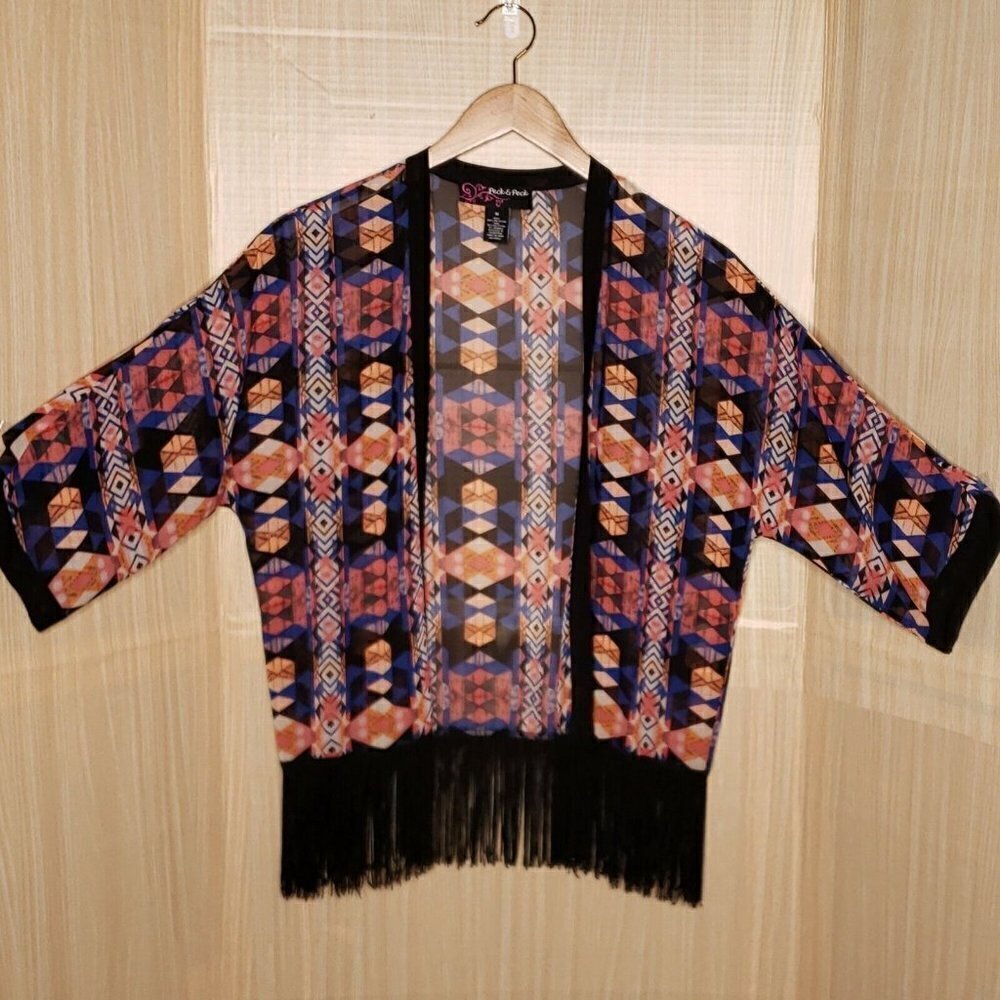 Peck & Peck Womens Fringe Aztec Silky Kimono Medium